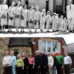 A couple with their 11 children on Palm Sunday (1954) vs. all the children together in 2013