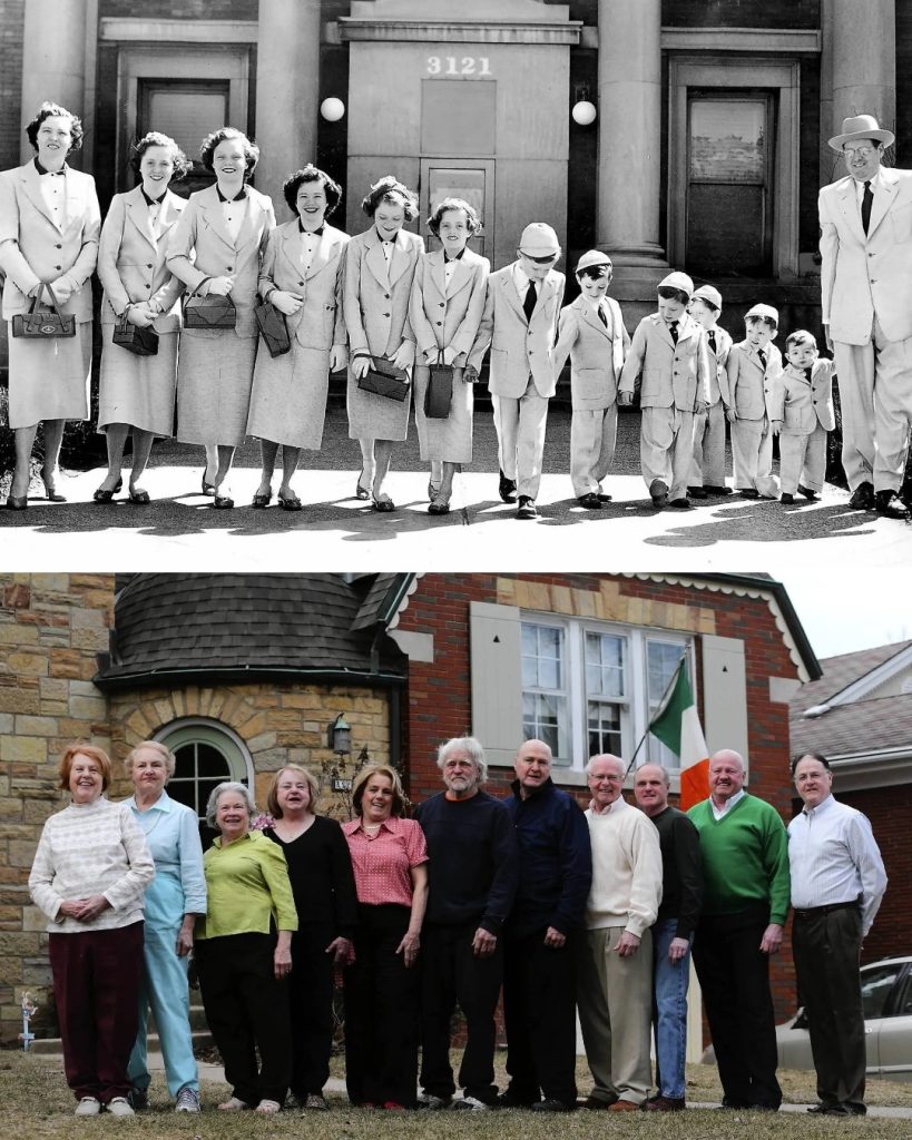 A couple with their 11 children on Palm Sunday (1954) vs. all the children together in 2013